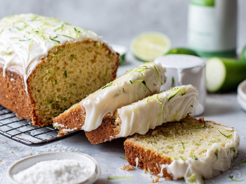 A sliced sweet zucchini cake with white cream cheese frosting. Surrounding it are ingredients such as fresh limes, a bowl of powdered sugar, and a sliced zucchini, as well as other containers and a plate.