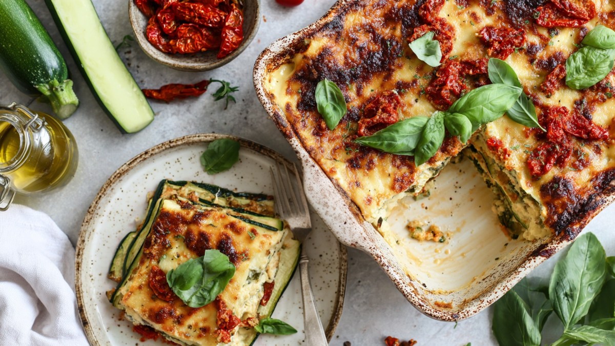 Overhead view of a baking dish with zucchini-feta lasagna. A piece of it lies on a plate next to it. Fresh ingredients such as zucchini, a bowl of sun-dried tomatoes, a glass jar with olive oil, fresh basil are scattered around.
