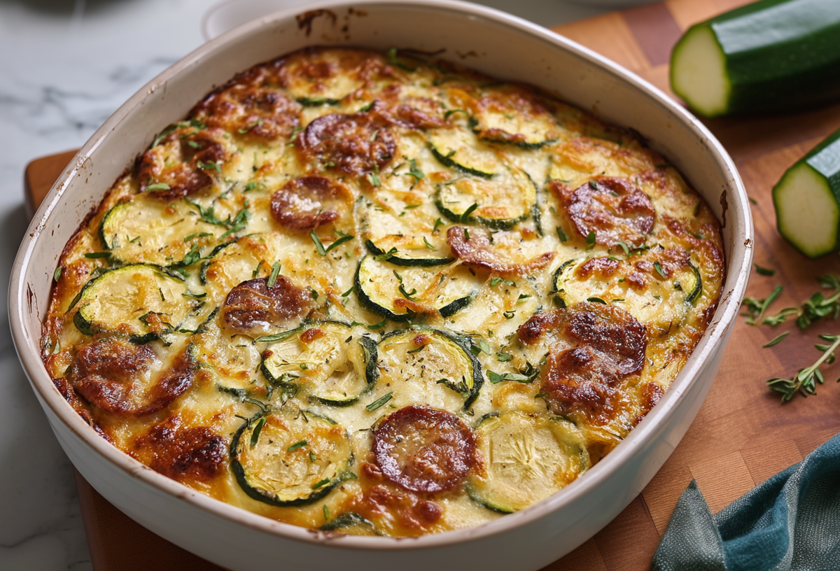 A casserole dish with zucchini and sausage casserole, next to it are ingredients.