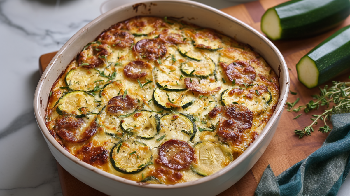 A casserole dish with zucchini and sausage casserole, next to it are ingredients.